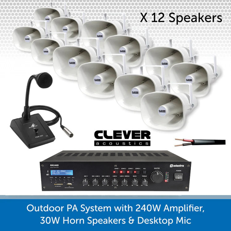 Public Address Speaker Kit with 240W Amplifier, 30W Horn Speakers & Desktop Paging Mic
