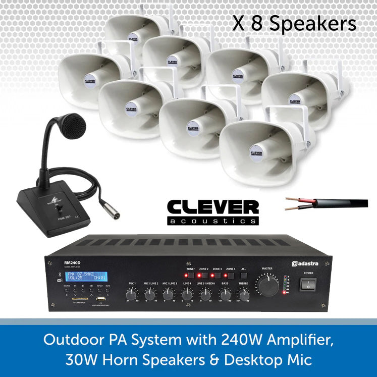 Public Address Speaker Kit with 240W Amplifier, 30W Horn Speakers & Desktop Paging Mic