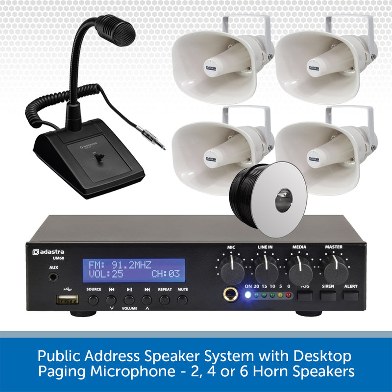 Public Address Speaker System with Desktop Paging Microphone - 2, 4 or 6 Horn Speakers