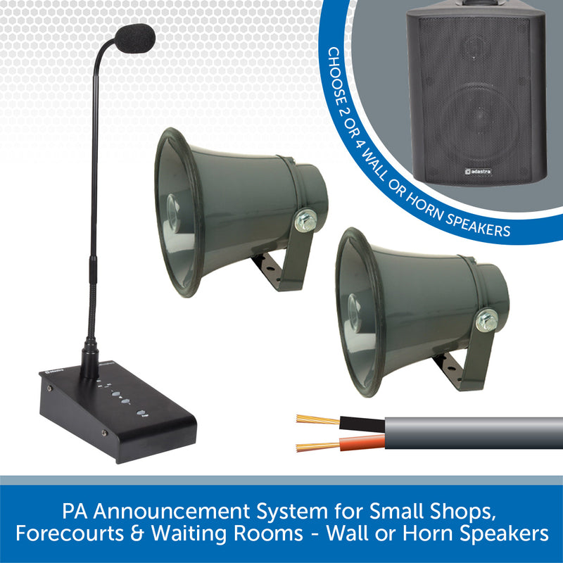 PA Announcement System for Small Shops, Forecourts & Waiting Rooms - Wall or Horn Speakers