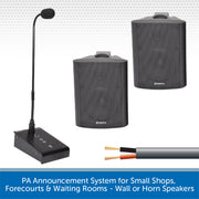 PA Announcement System for Small Shops, Forecourts & Waiting Rooms - Wall or Horn Speakers