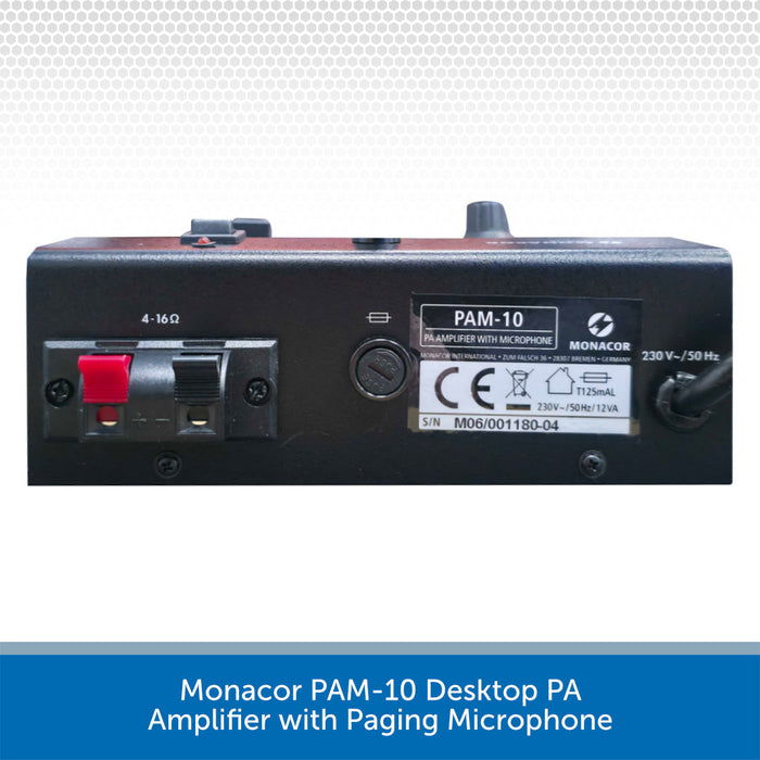Monacor PAM-10 Desktop PA Amplifier with Paging Microphone on a white background
