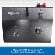 Monacor PAM-10 Desktop PA Amplifier with Paging Microphone on a white background