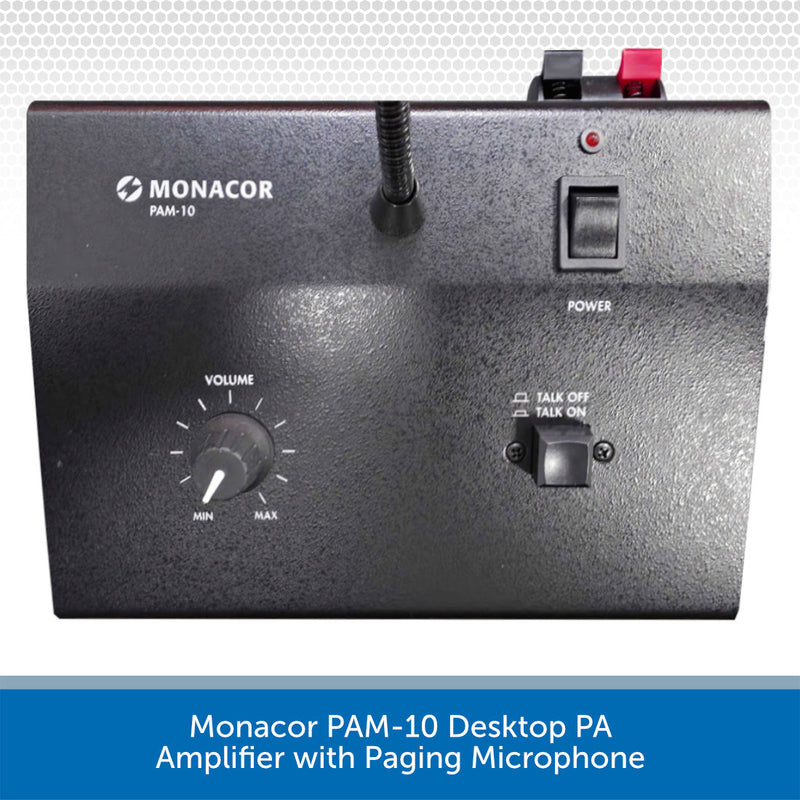 Monacor PAM-10 Desktop PA Amplifier with Paging Microphone on a white background