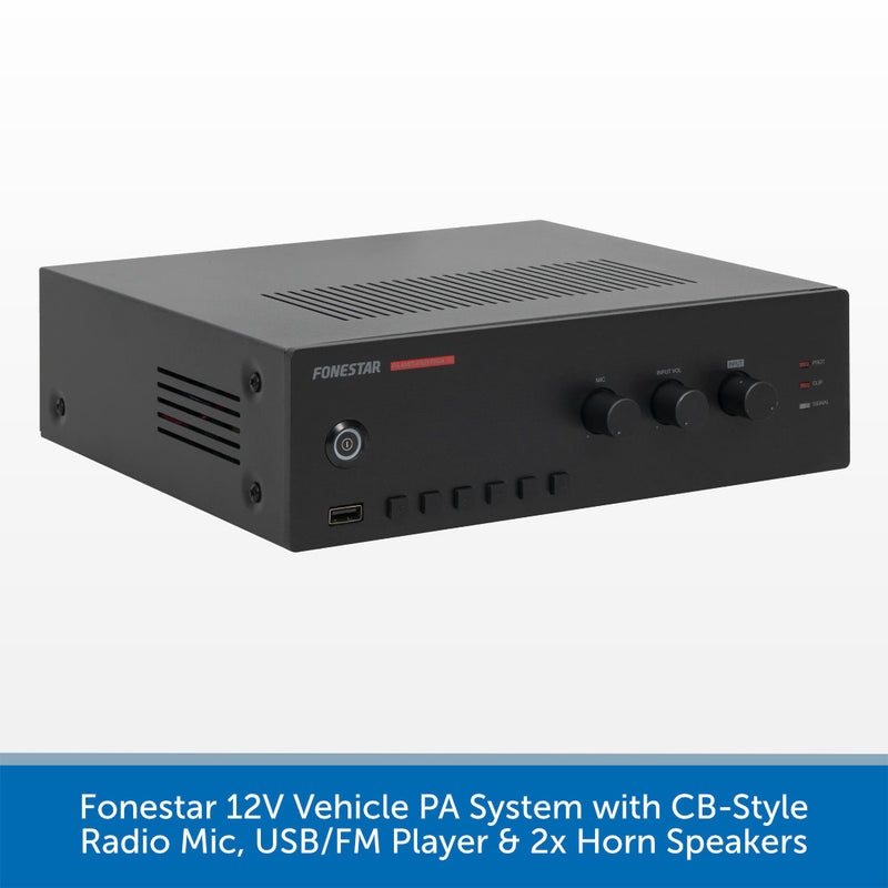 Fonestar 12V Vehicle PA System with CB-Style Radio Mic, USB/FM Player & 2x Horn Speakers