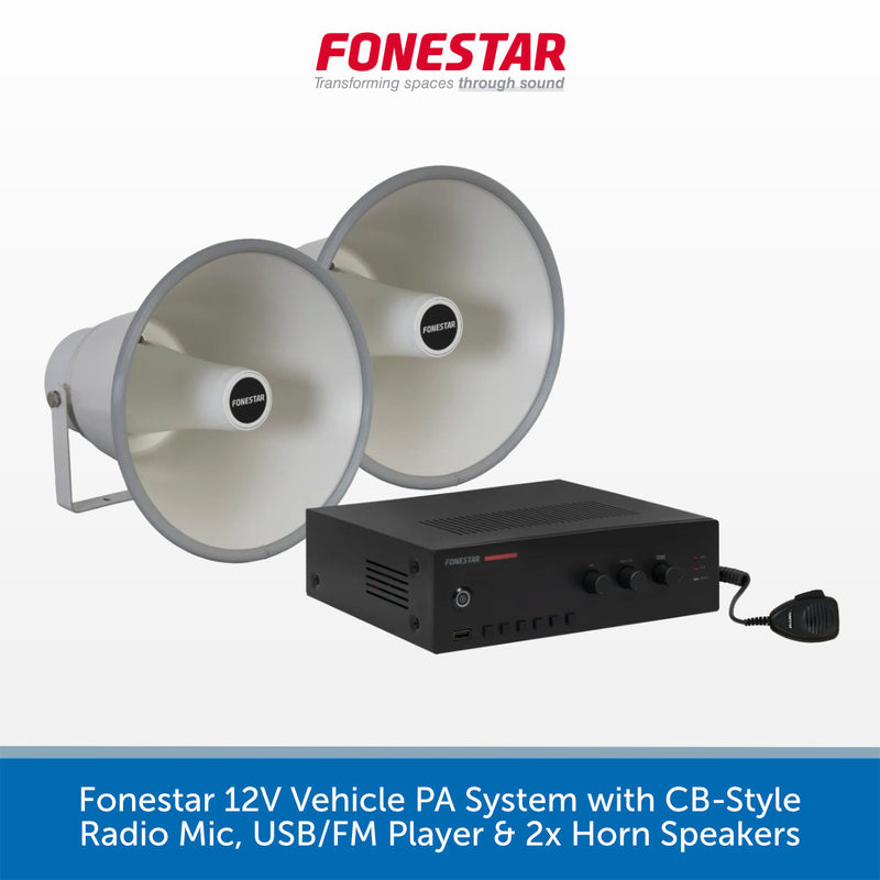 Fonestar 12V Vehicle PA System with CB-Style Radio Mic, USB/FM Player & 2x Horn Speakers