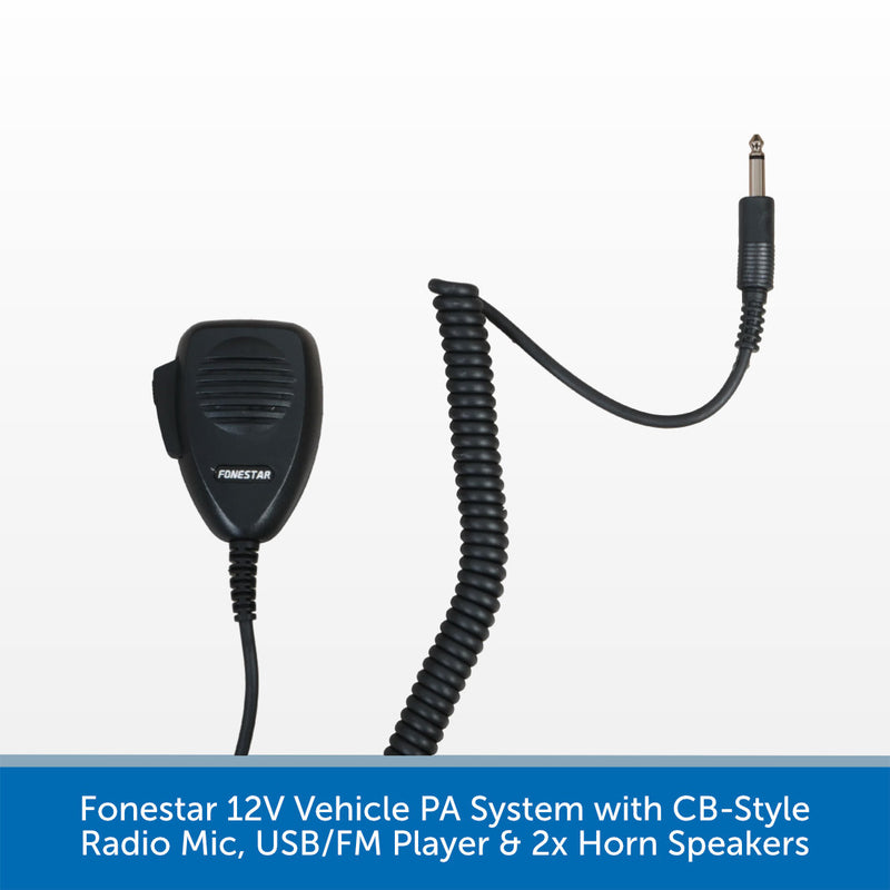 Fonestar 12V Vehicle PA System with CB-Style Radio Mic, USB/FM Player & 2x Horn Speakers