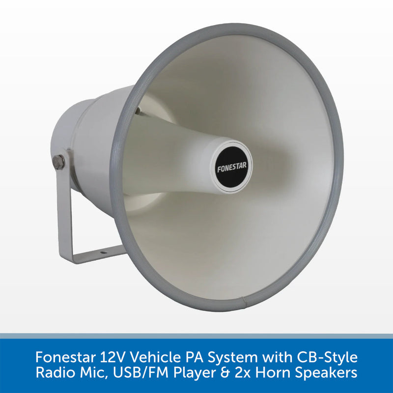 Fonestar 12V Vehicle PA System with CB-Style Radio Mic, USB/FM Player & 2x Horn Speakers
