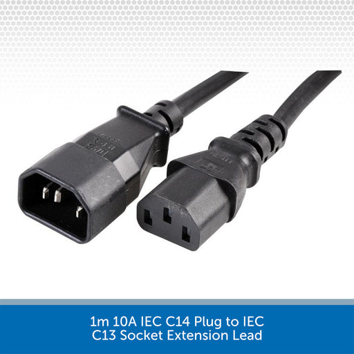 1m 10A IEC C14 Plug to IEC C13 Socket Extension Lead