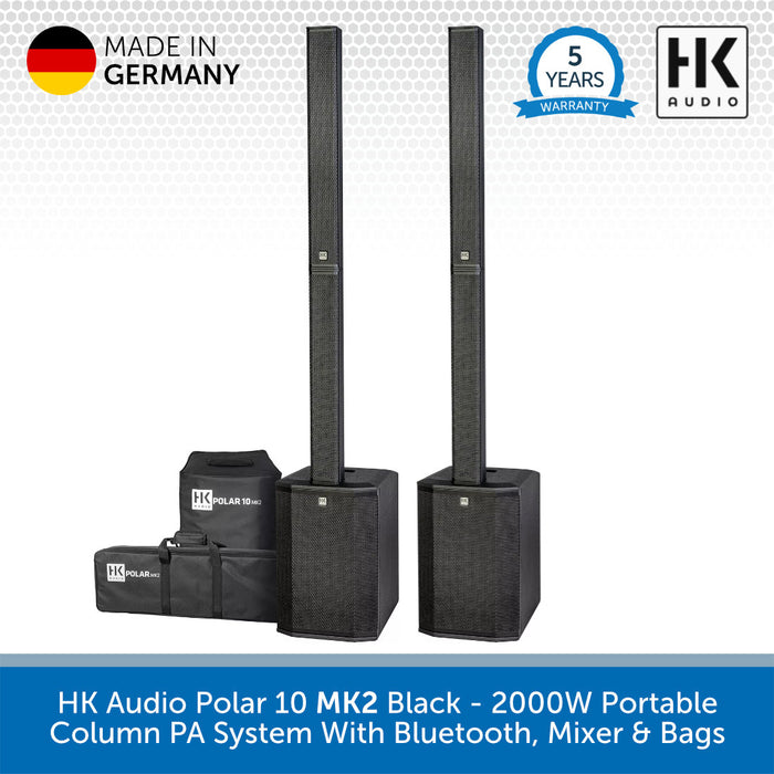 HK Audio Polar 10 MK2 Black portable column PA system with Bluetooth, mixer, and bags on a white background.