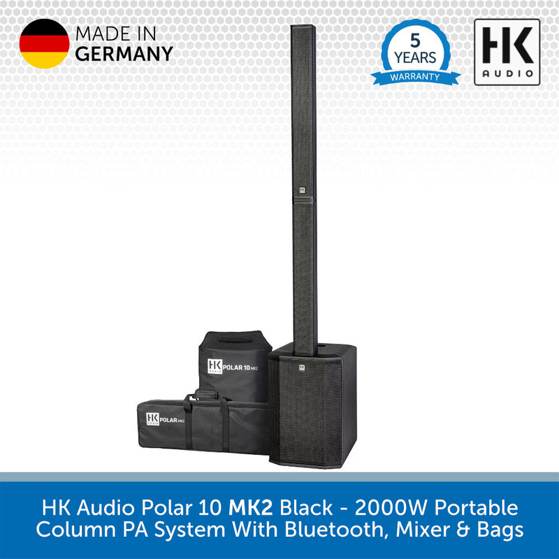 HK Audio Polar 10 MK2 Black portable column PA system with bags on a white background