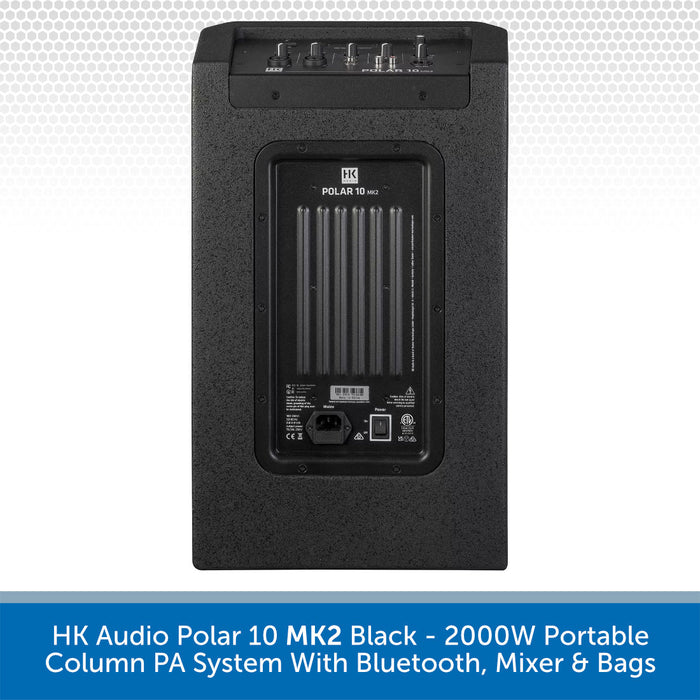 Back view of a black portable column PA system with branding on a light gray background