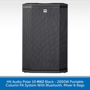 Black portable column PA system with Bluetooth, mixer, and bags on a white background