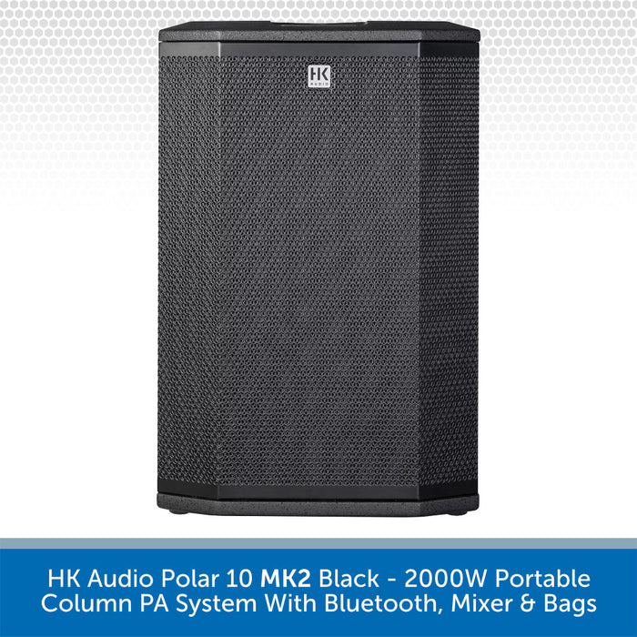 Black portable column PA system with Bluetooth, mixer, and bags on a white background