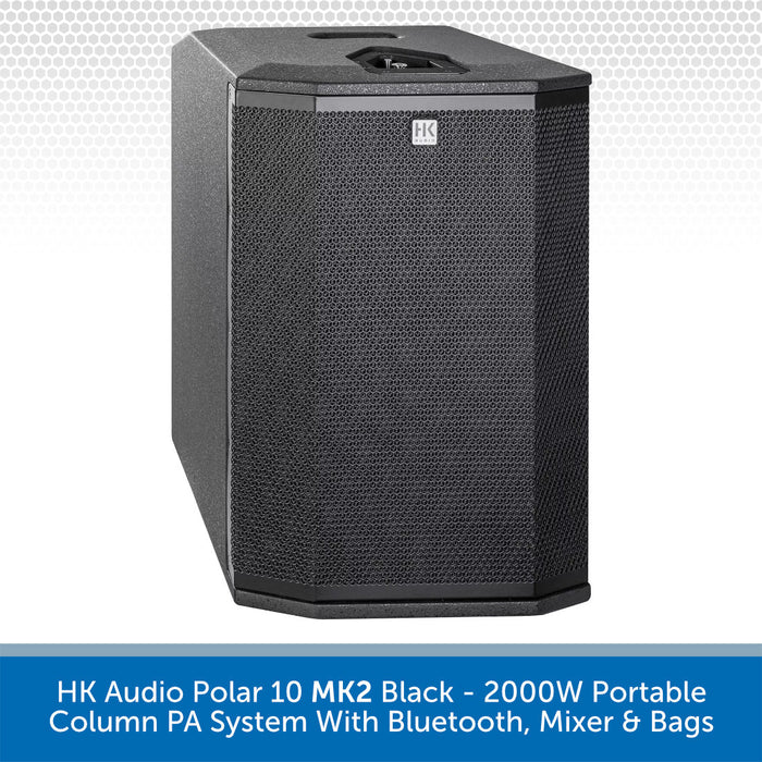 Black portable column PA system with Bluetooth, mixer, and bags on a white background