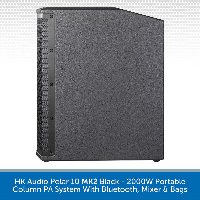 Black portable column PA system with text describing features on a white background