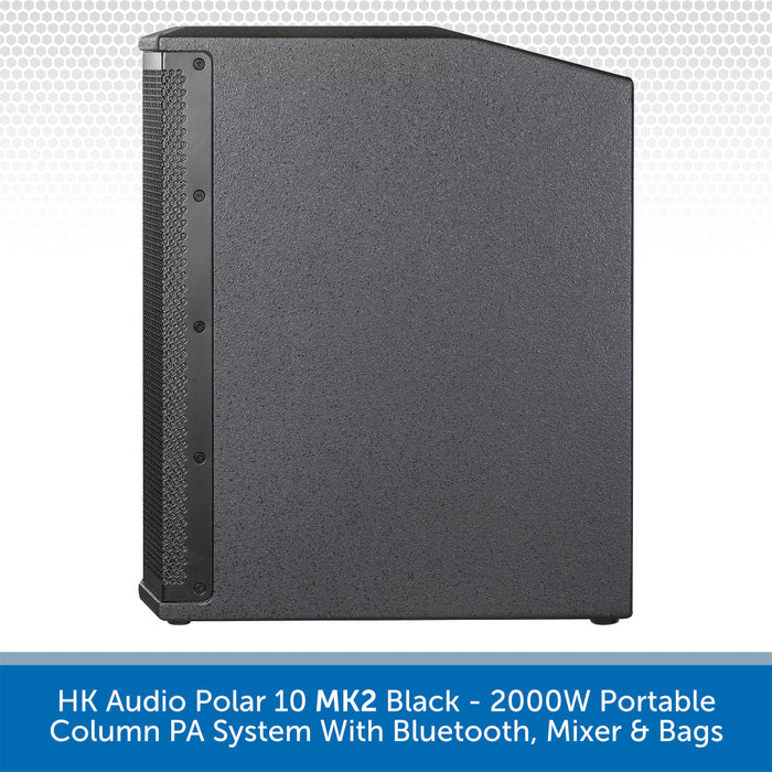 Black portable column PA system with text describing features on a white background