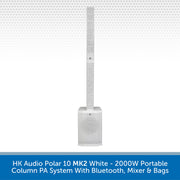 White portable column PA system with Bluetooth, mixer, and bags on a white background