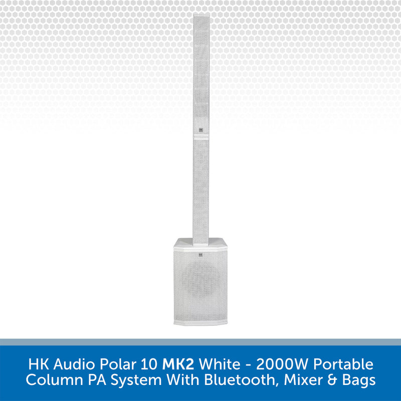White portable column PA system with Bluetooth, mixer, and bags on a white background