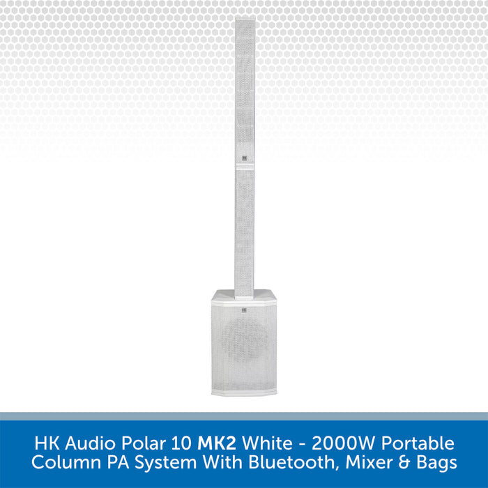 White portable column PA system with Bluetooth, mixer, and bags on a white background