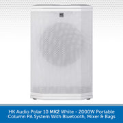 White portable column PA system with brand logo on a light gray background