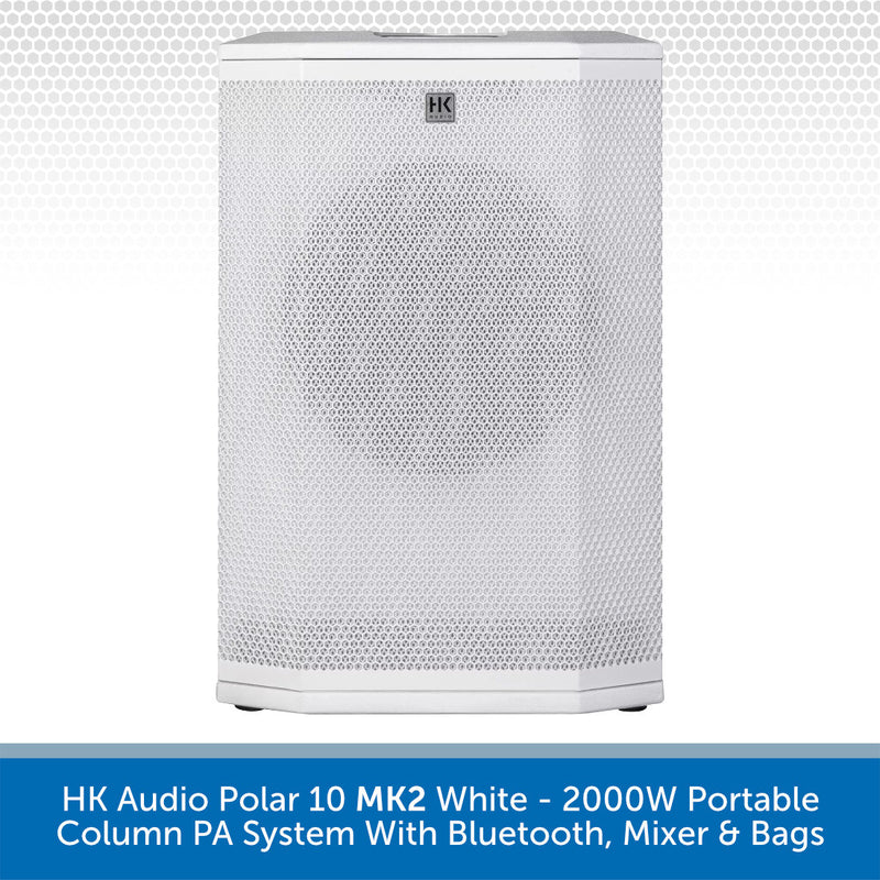 White portable column PA system with brand logo on a light gray background