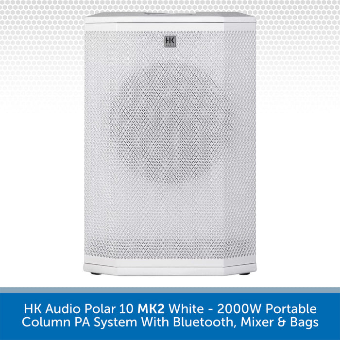 White portable column PA system with brand logo on a light gray background