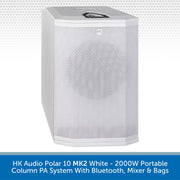 White portable column PA system with text on a white background