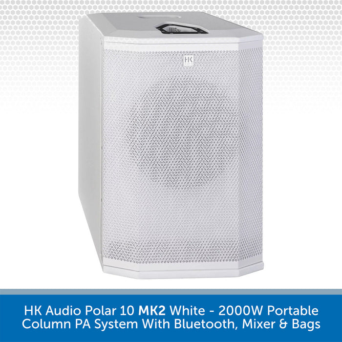 White portable column PA system with text on a white background