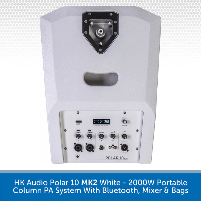 HK Audio Polar 10 MK2 White portable column PA system with Bluetooth, mixer, and bags on a white background.