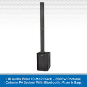 Black portable column PA system with Bluetooth, mixer, and bags on a white background