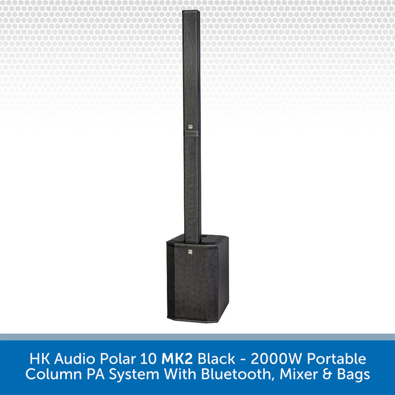 Black portable column PA system with Bluetooth, mixer, and bags on a white background