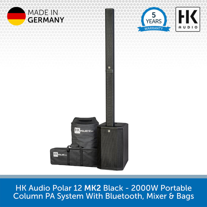 HK Audio Polar 12 MK2 Black portable column PA system with bags on a white background