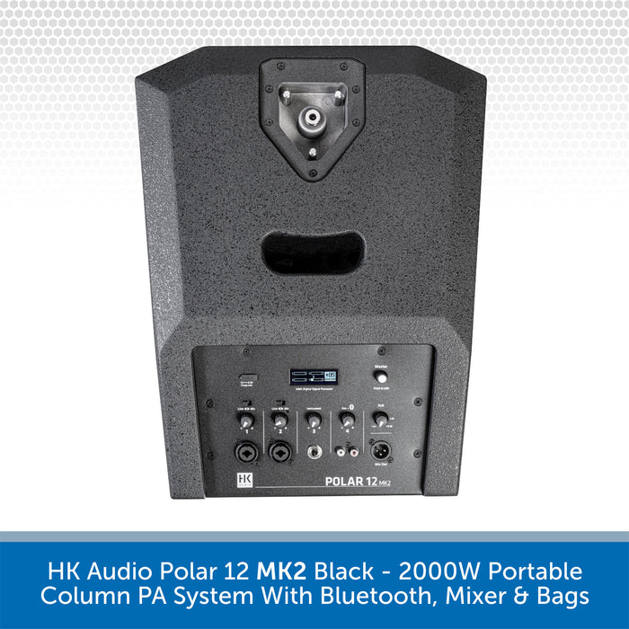 Back view of a black portable column PA system with labeled features on a white background