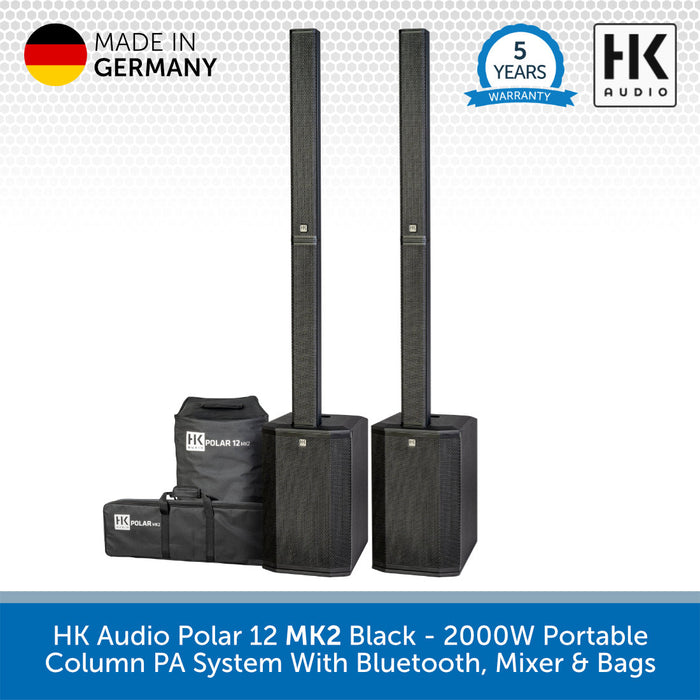 HK Audio Polar 12 MK2 Black portable column PA system with Bluetooth, mixer, and bags on a white background.