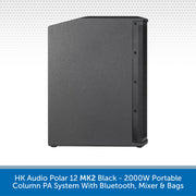 Black portable column PA system with text on a white background