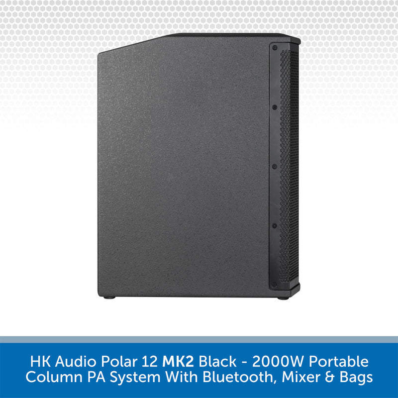 Black portable column PA system with text on a white background