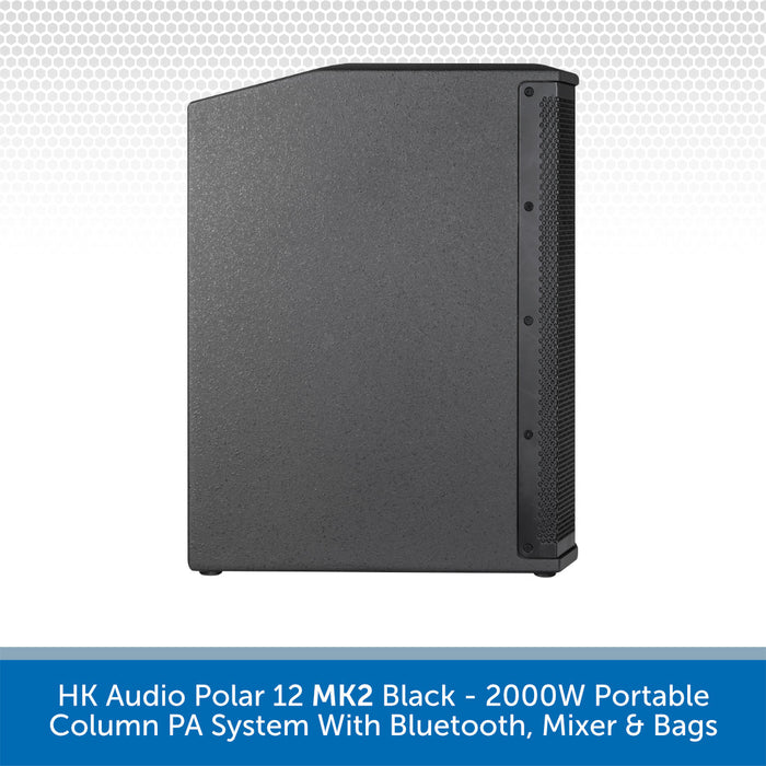 Black portable column PA system with text on a white background