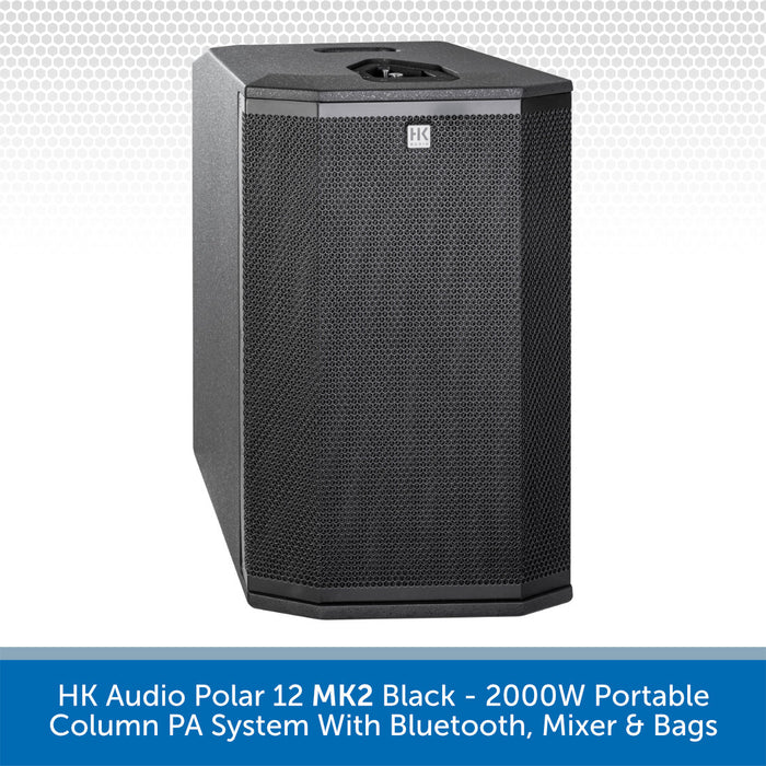 Black portable column PA system with Bluetooth, mixer, and bags on a white background