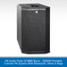 Black portable column PA system with Bluetooth, mixer, and bags on a white background