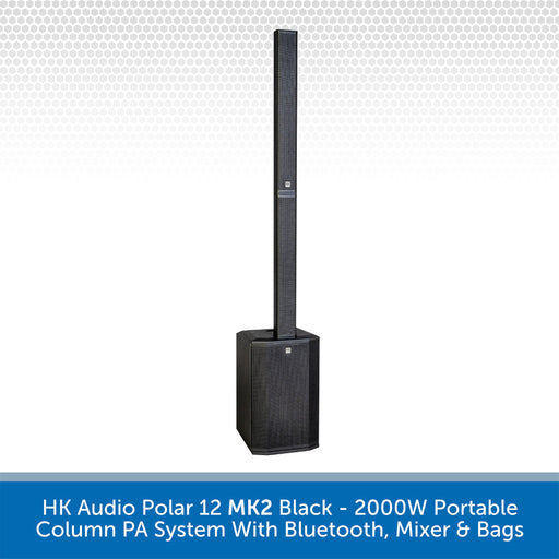 Black portable column PA system with Bluetooth, mixer, and bags on a light gray background