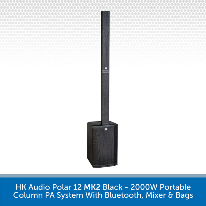 Black portable column PA system with Bluetooth, mixer, and bags on a light gray background