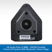 Black portable column PA system with Bluetooth, mixer, and bags on a white background