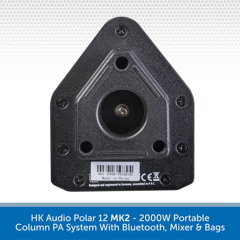 Black portable column PA system with Bluetooth, mixer, and bags on a white background