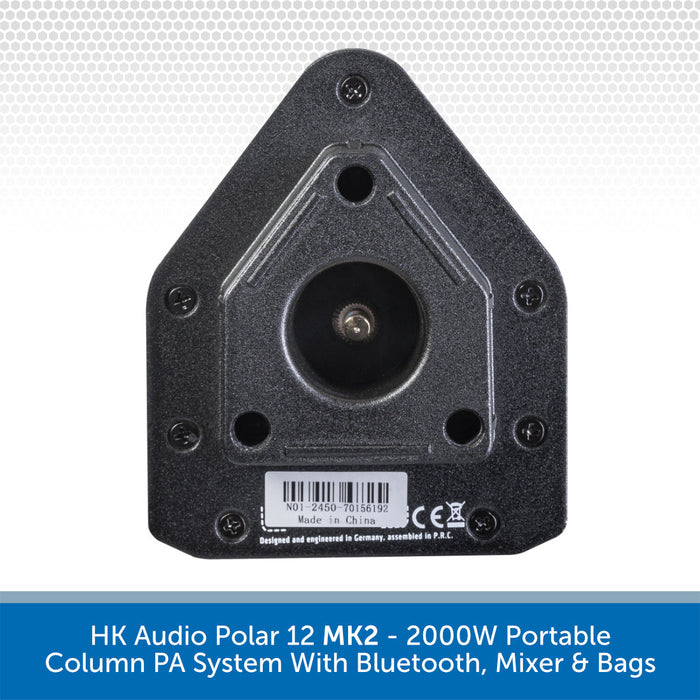 Black portable column PA system with Bluetooth, mixer, and bags on a white background