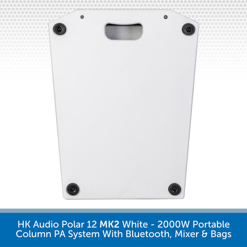 White portable column PA system with Bluetooth, mixer, and bags on a white background