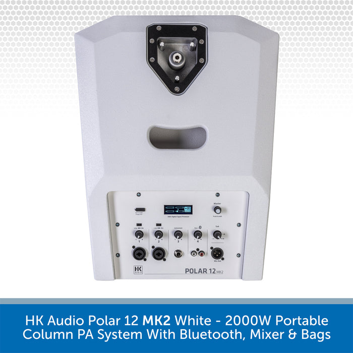 HK Audio Polar 12 MK2 White portable column PA system with Bluetooth, mixer, and bags on a white background.