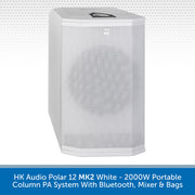 White portable column PA system with text describing features on a white background