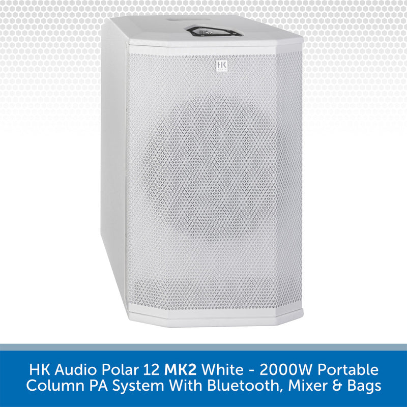 White portable column PA system with text describing features on a white background