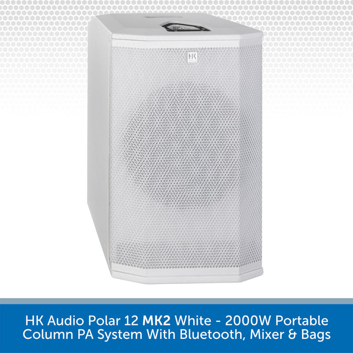 White portable column PA system with text describing features on a white background